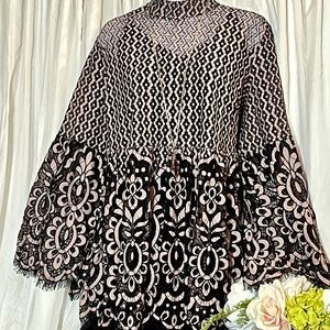 Lane Bryant Sheer Black Lace and Light Pink Top, Peplum and Bell Sleeves.